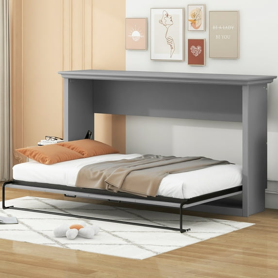 Euroco Wood Twin Size Murphy Bed, Wall Bed with Shelf, Convertibe into Cabinet for Kids, Gray