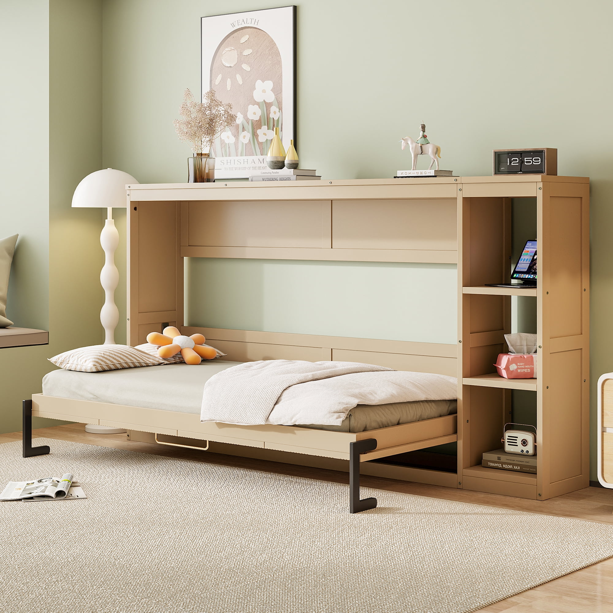 Twin Size Murphy Bed Wall Bed with Sofa and Shelves - White