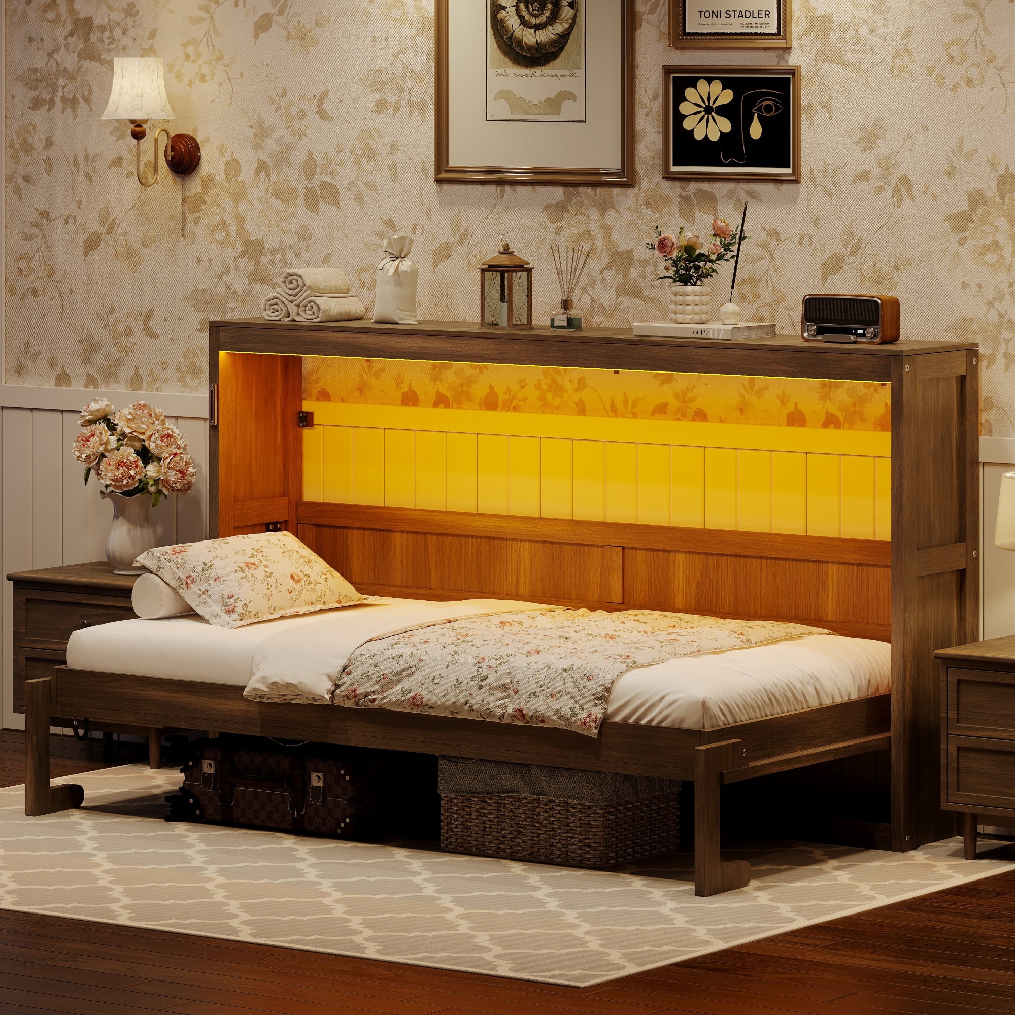 Euroco Wood Twin Size Murphy Bed with LED Light and Desktop, Storage Cabinet Wall Bed, Brown