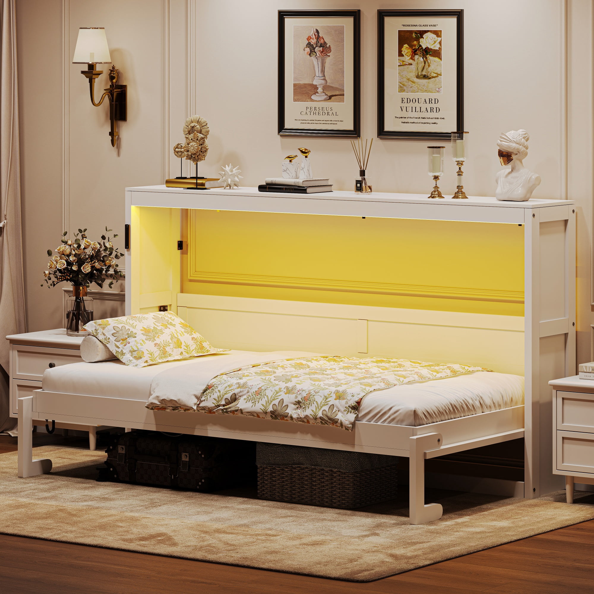 Euroco Wood Twin Size Murphy Bed with LED Light and Desktop, Storage Cabinet Wall Bed, White