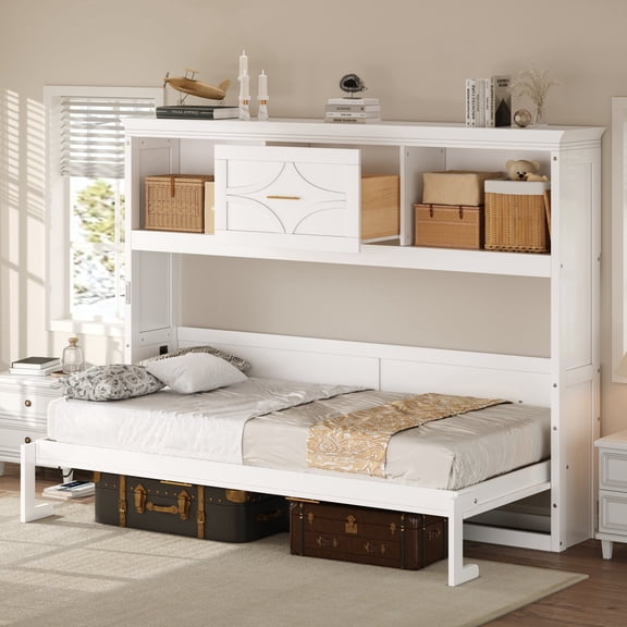 Euroco Wood Twin Size Murphy Bed with USB Charging, Cabinets and Drawer, White