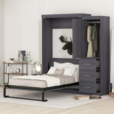Euroco Twin Murphy Bed – Wall Bed with Wardrobe & Drawers, Gray Finish
