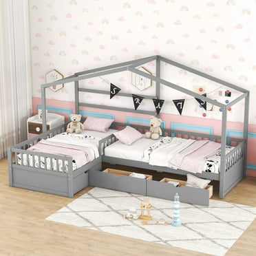 Euroco Wood Twin Size Platform Bed, 2 Beds in One House Bed with 3 Drawers, Gray