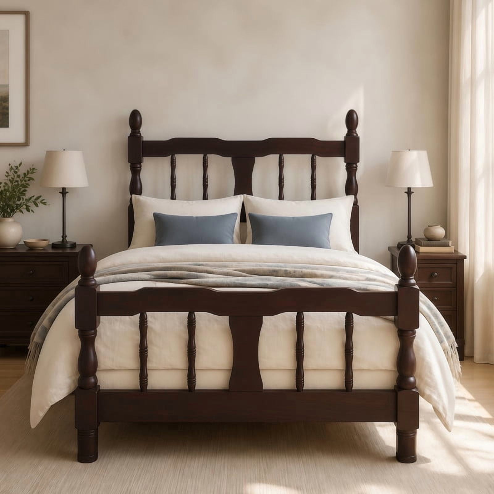 Euroco Wood Twin Size Platform Bed Frame, Classic Farmhouse Bed Frame with Spindle Headboard, Dark Walnut
