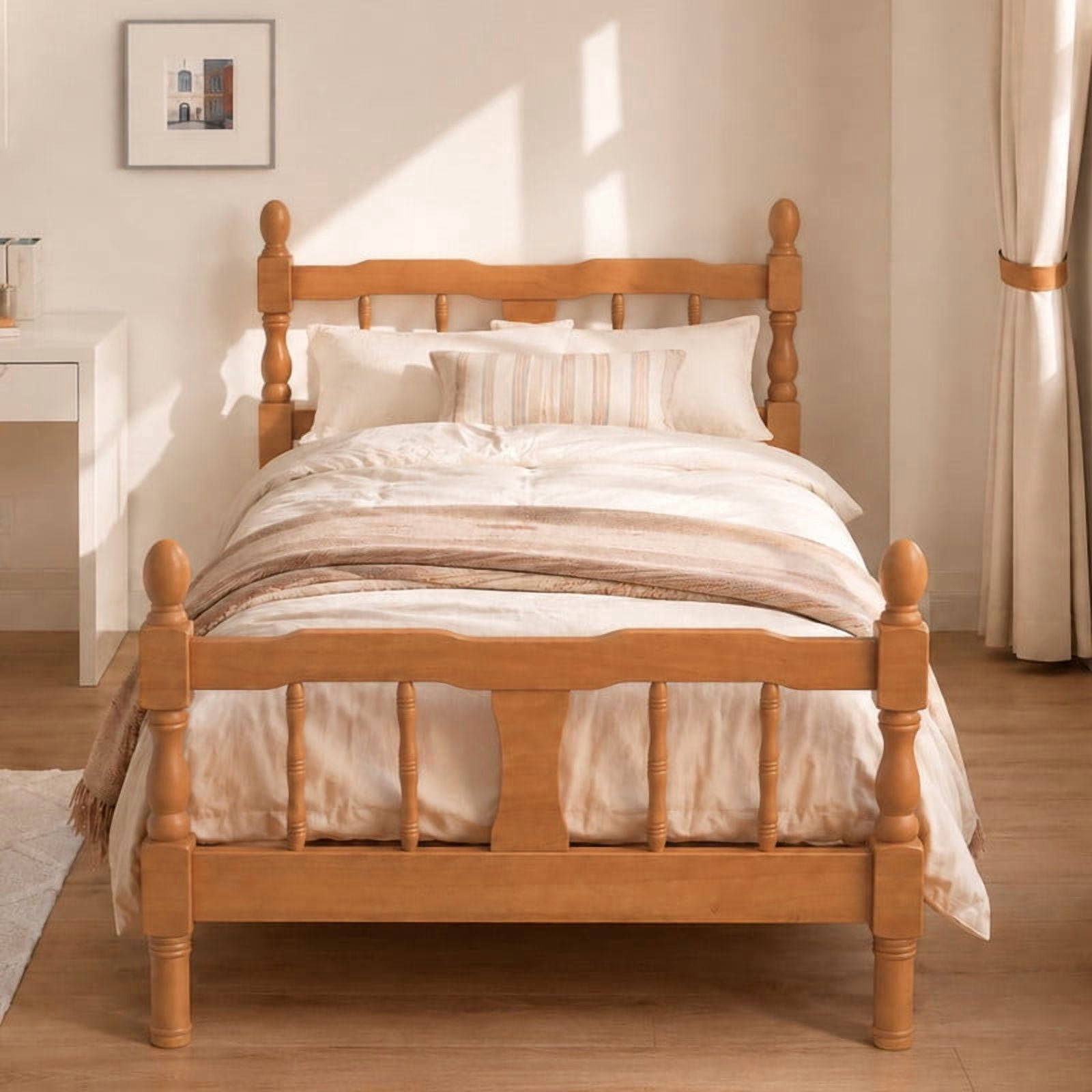 Euroco Wood Twin Size Platform Bed Frame, Classic Farmhouse Bed Frame with Spindle Headboard, Walnut