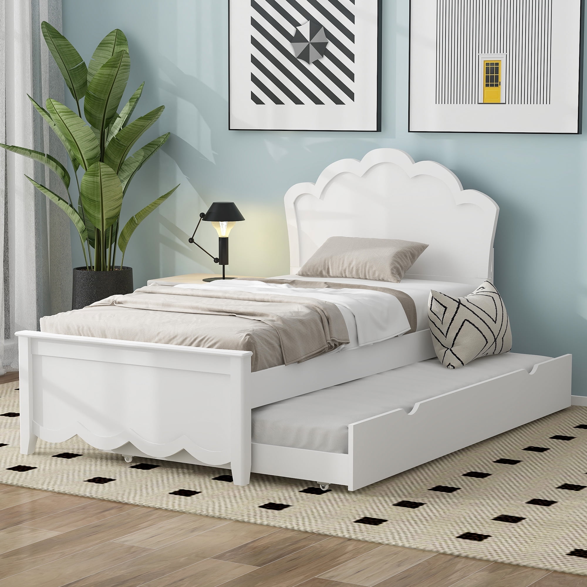 Euroco Wood Twin Size Platform Bed Frame, Heavy Duty Storage Bed with Trundle Bed for Kids and Adults, No Box Spring Needed, White
