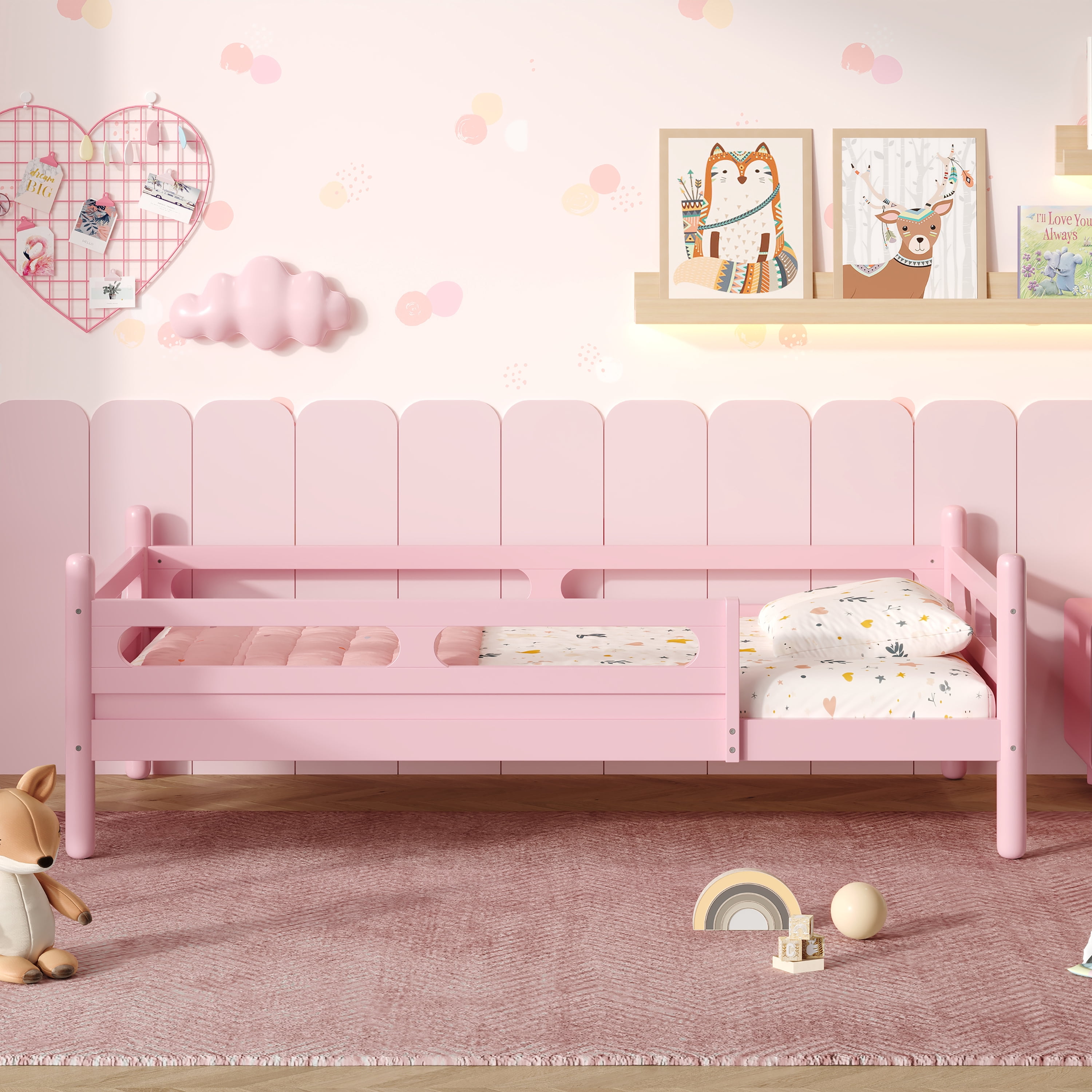 Euroco Wood Twin Size Platform Bed, Low Profile Bed with Guardrails and Slats Support, Pink