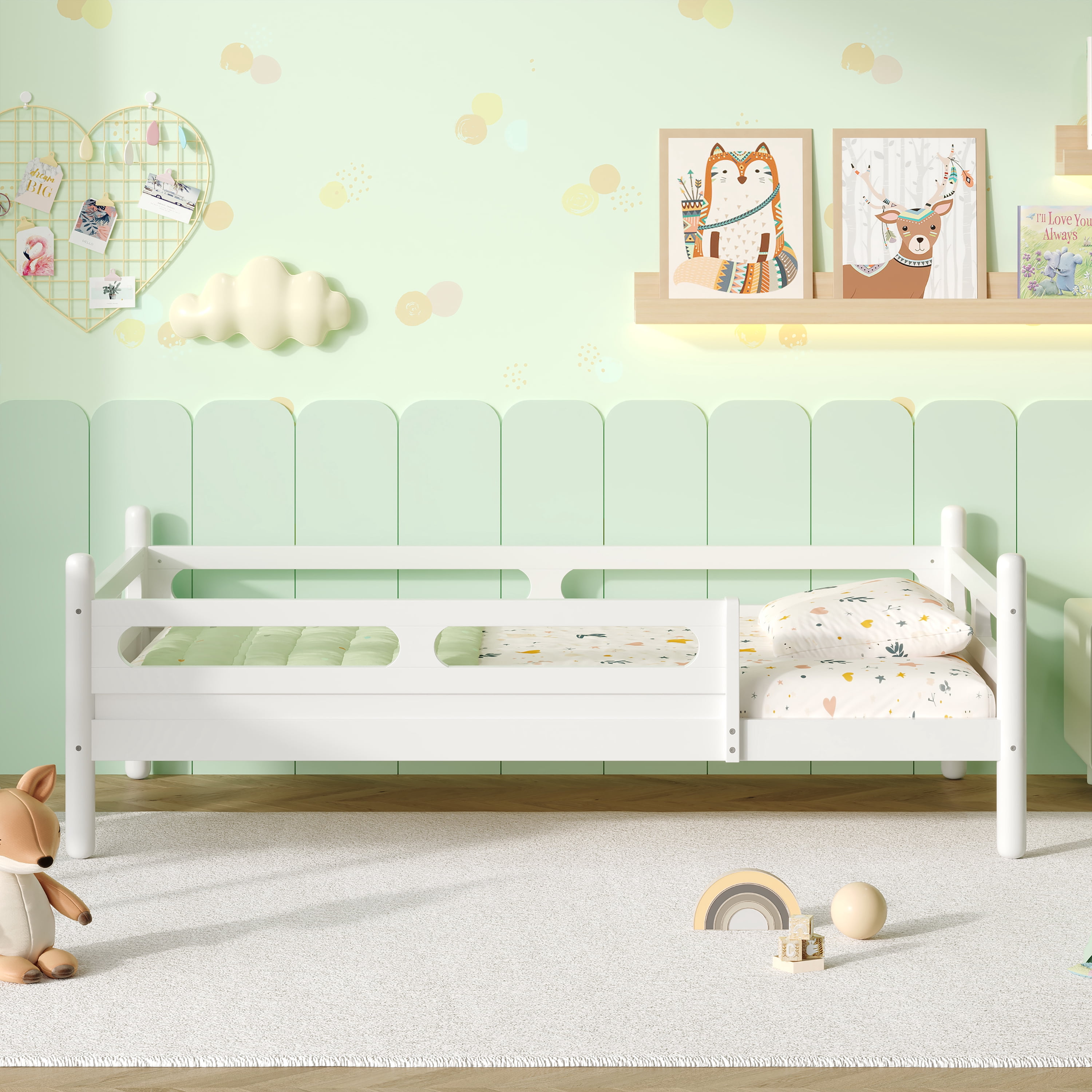 Euroco Wood Twin Size Platform Bed, Low Profile Bed with Guardrails and Slats Support, White