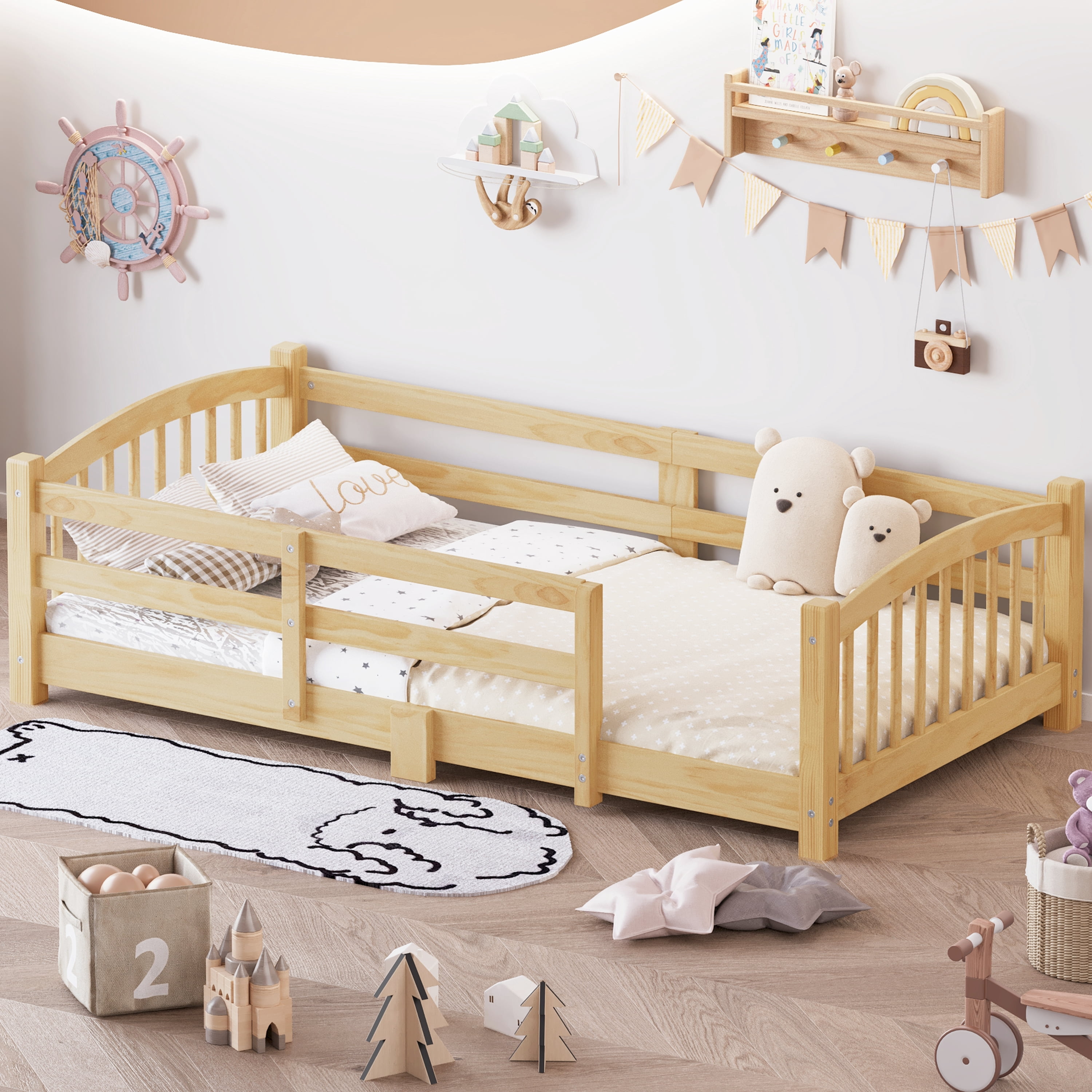 Euroco Wood Twin Size Platform Bed, Montessori Floor Bed with Safety Guardrails, Natural
