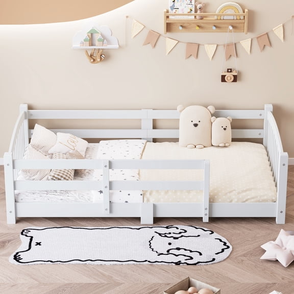 Euroco Wood Twin Size Platform Bed, Montessori Floor Bed with Safety Guardrails, White