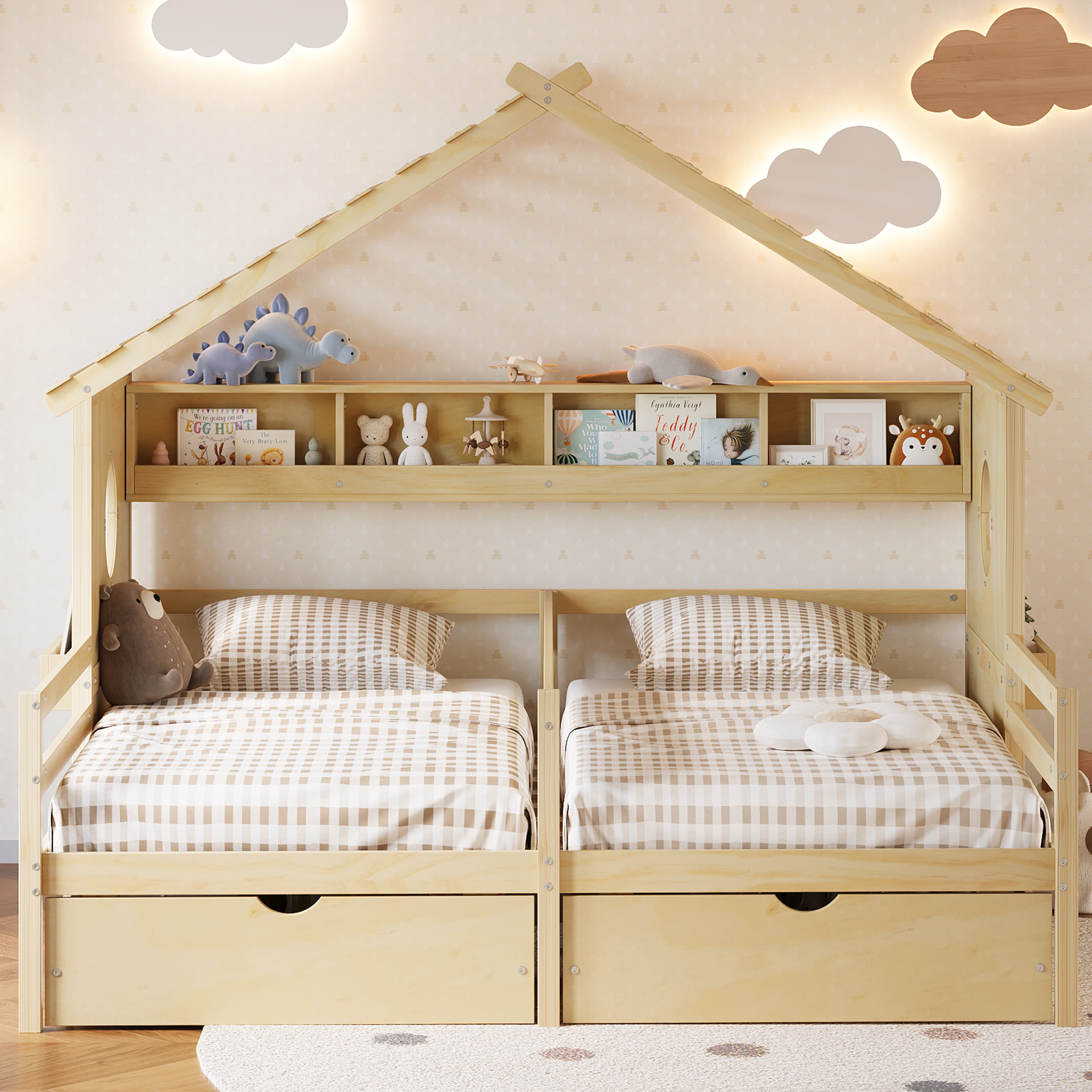 Euroco Wood Twin Size Platform Bed, Side by Side 2 Beds in 1 with Storage Shelves and Drawers, Natural