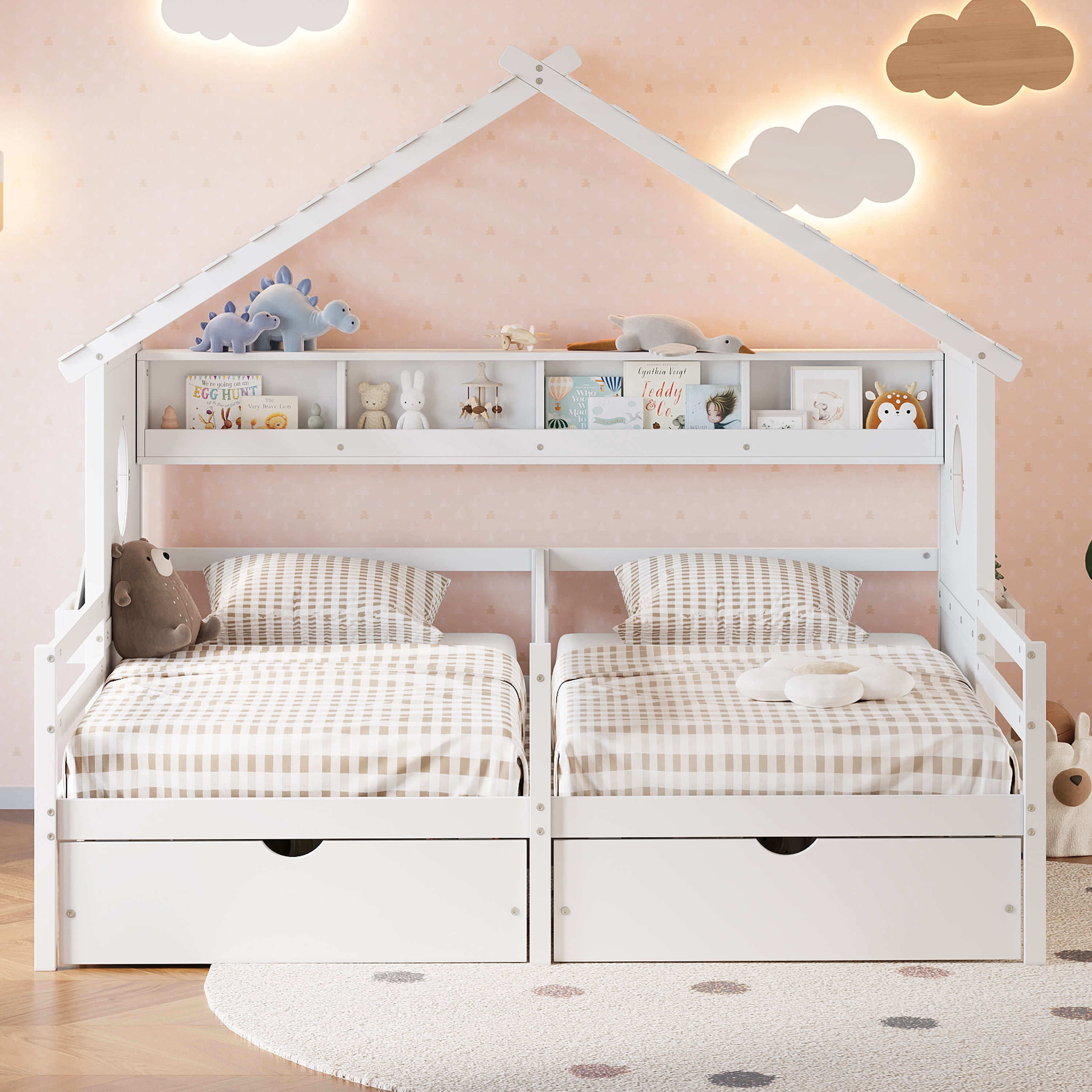 Euroco Wood Twin Size Platform Bed, Side by Side 2 Beds in 1 with Storage Shelves and Drawers, White
