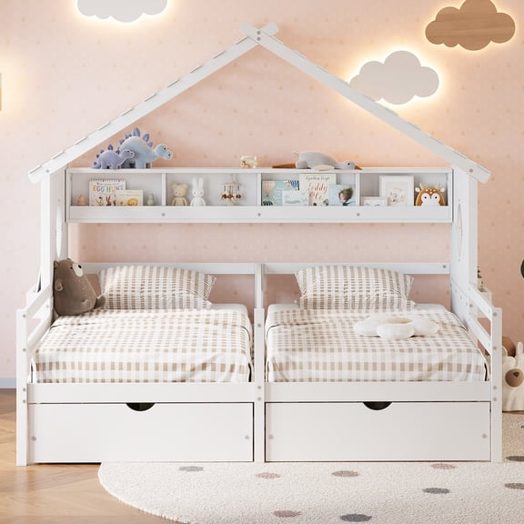 Euroco Wood Twin Size Platform Bed, Side by Side 2 Beds in 1 with Storage Shelves and Drawers, White