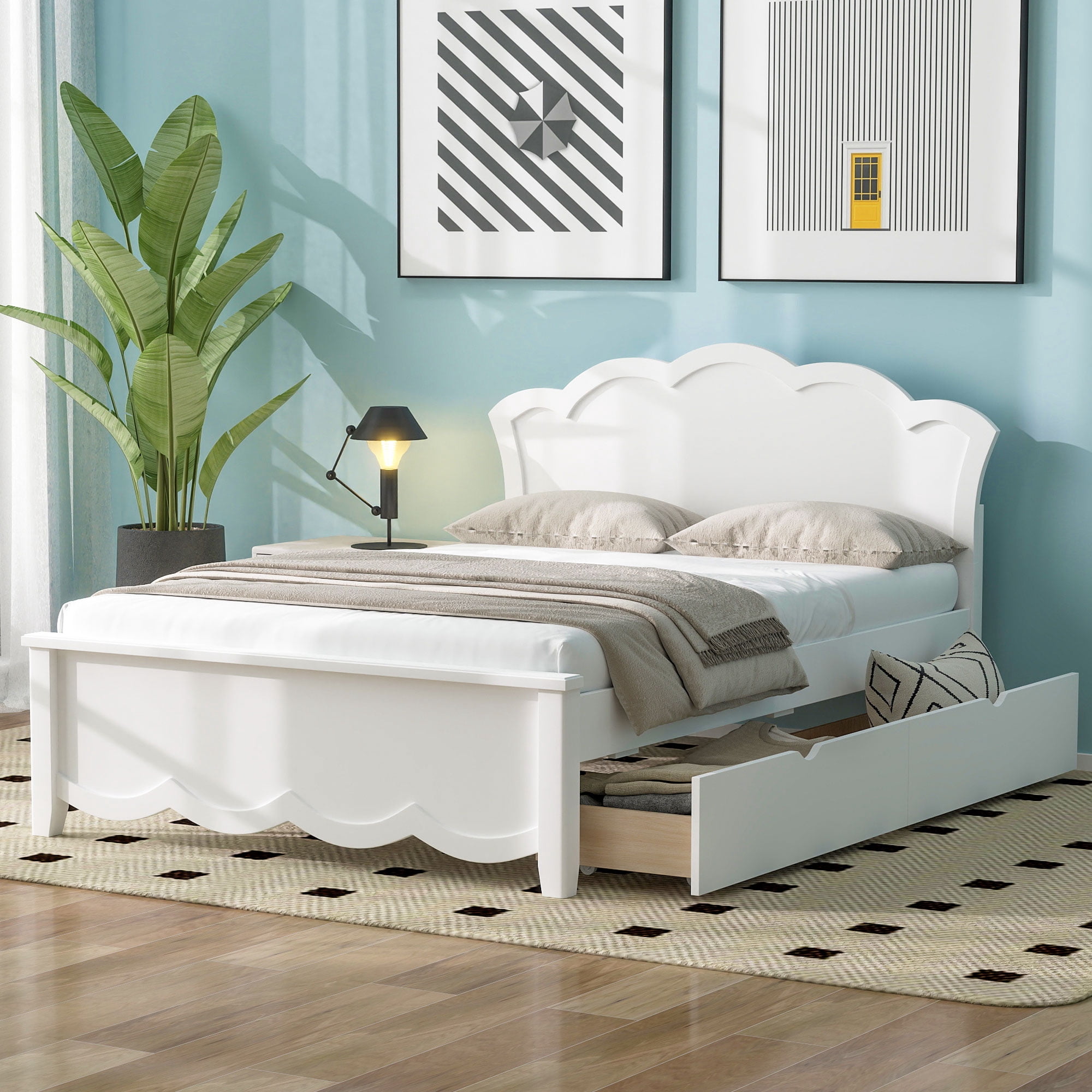 Euroco Wood Twin Size Platform Bed with 2 Drawers, White