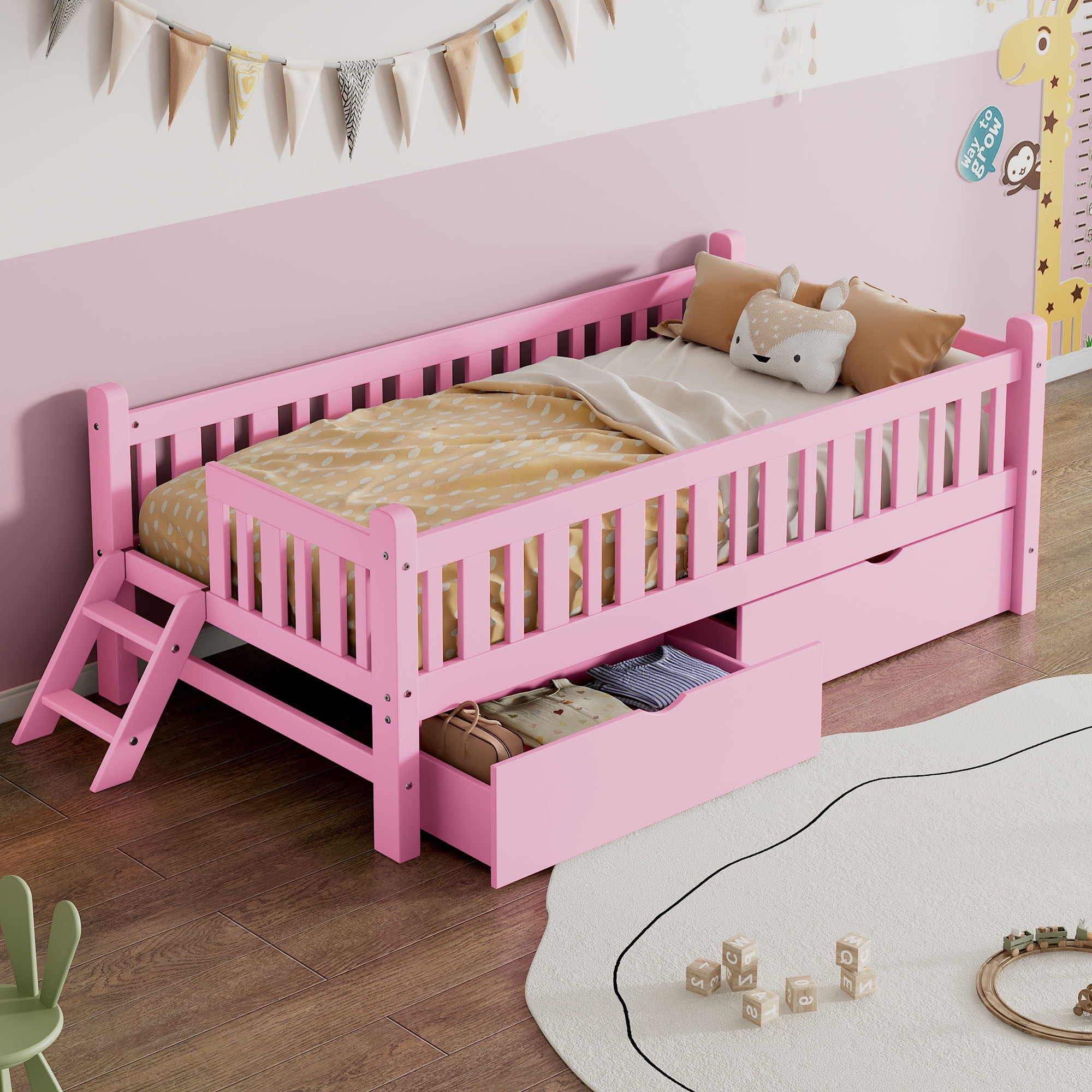 Euroco Wood Twin Size Platform Bed with 2 Drawers and Ladder for Kids and Toddlers, Pink