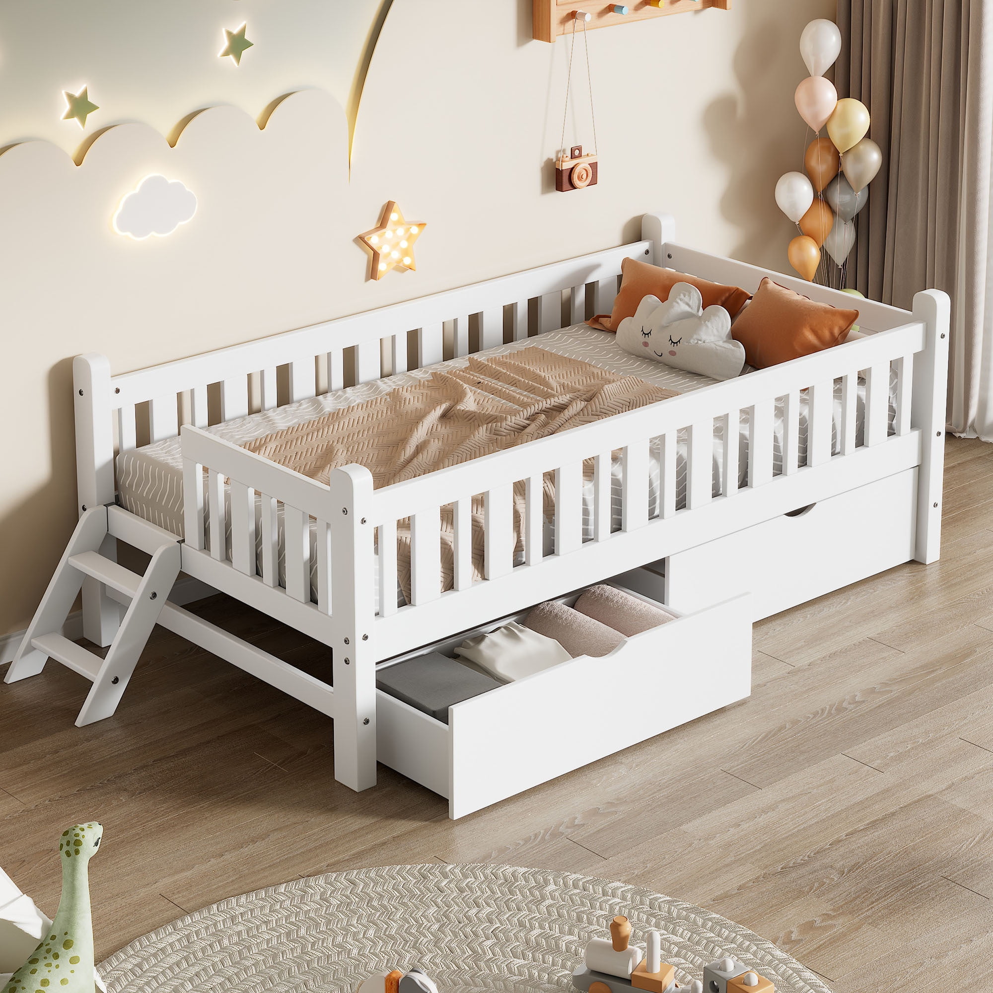 Euroco Wood Twin Size Platform Bed with 2 Drawers and Ladder for Kids and Toddlers, White