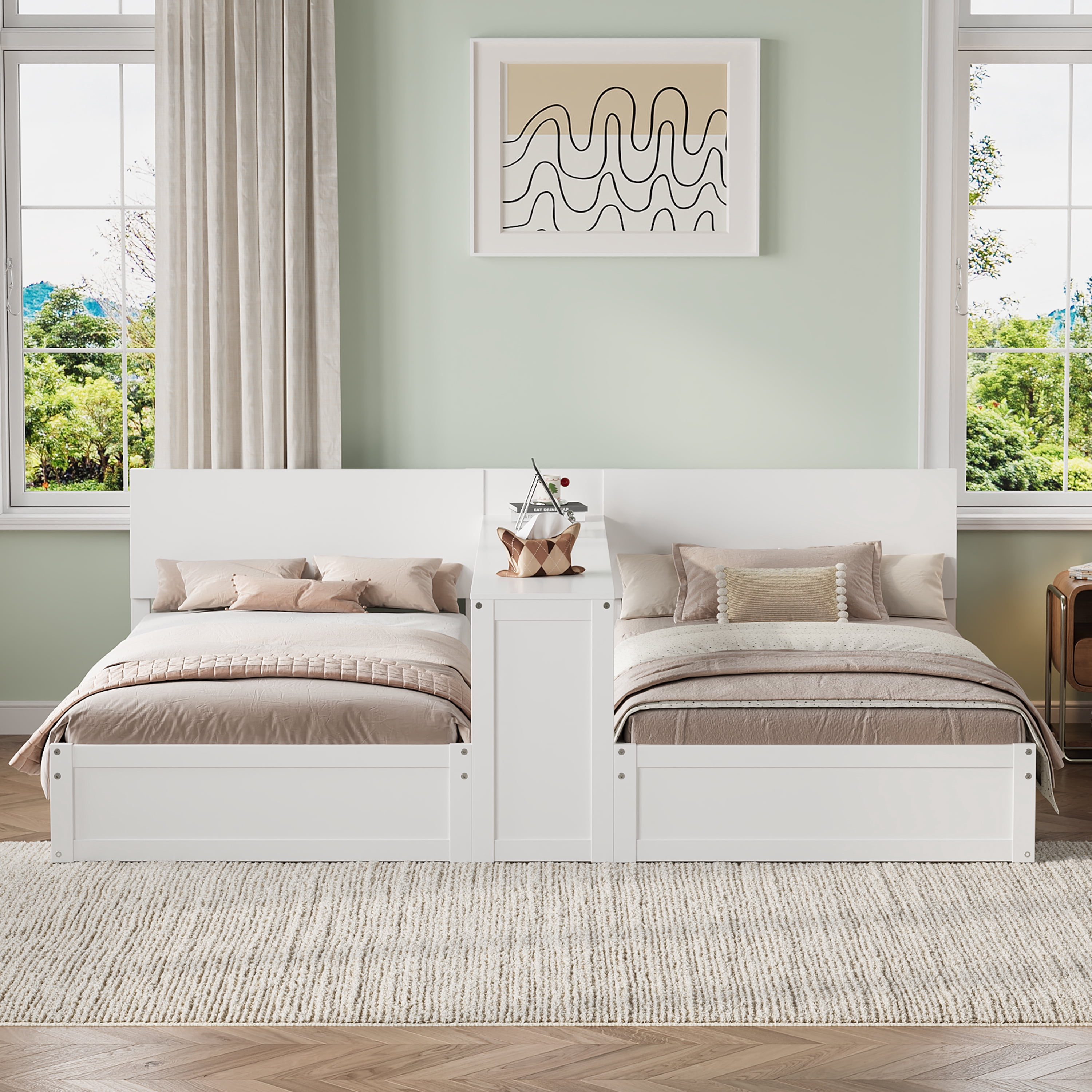 Euroco Wood Twin Size Platform Bed with Adjustable Storage Desk, 2 Beds Design, White