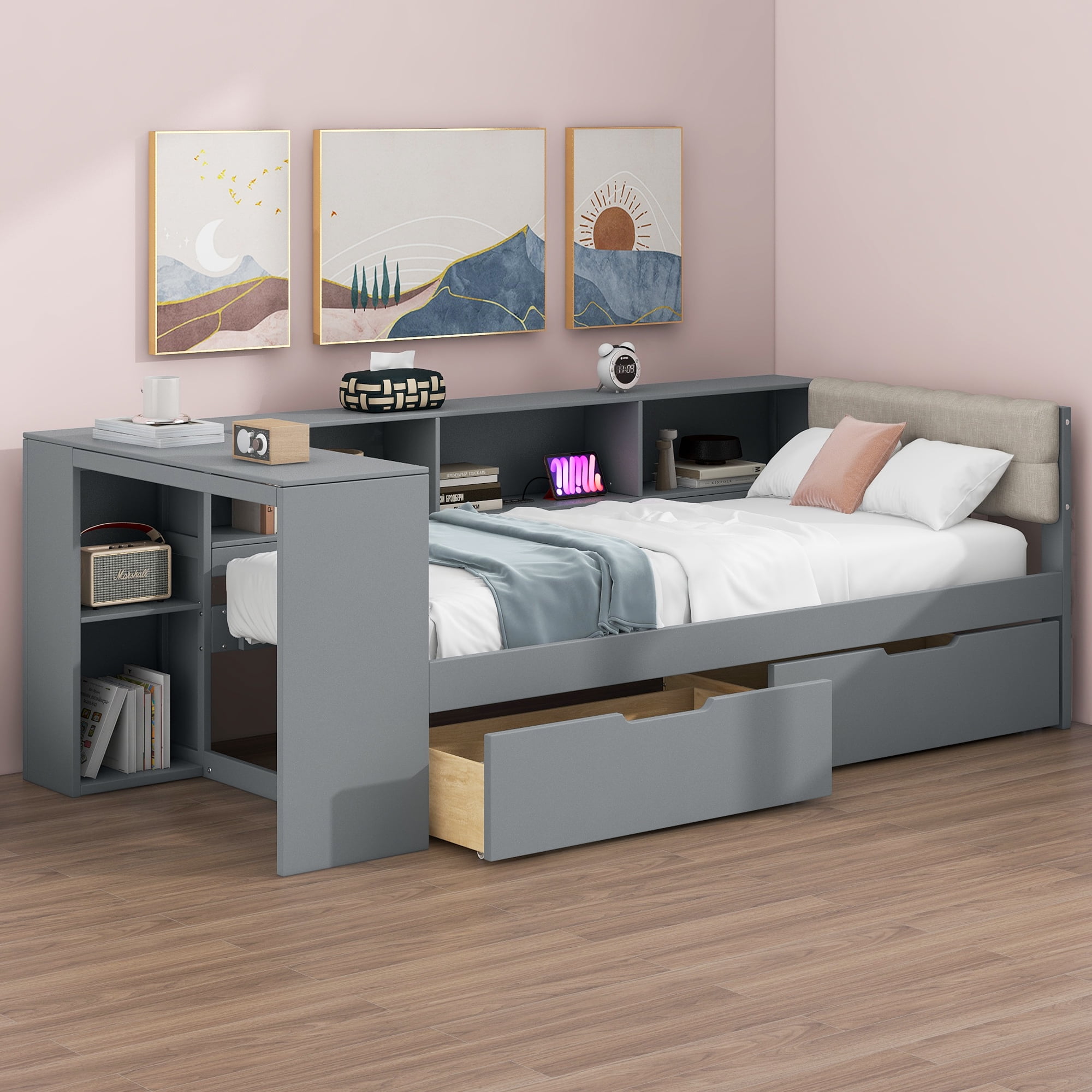 Euroco Wood Twin Size Platform Bed with Desk and Shelves, Drawers and USB Charging for Kids, Gray