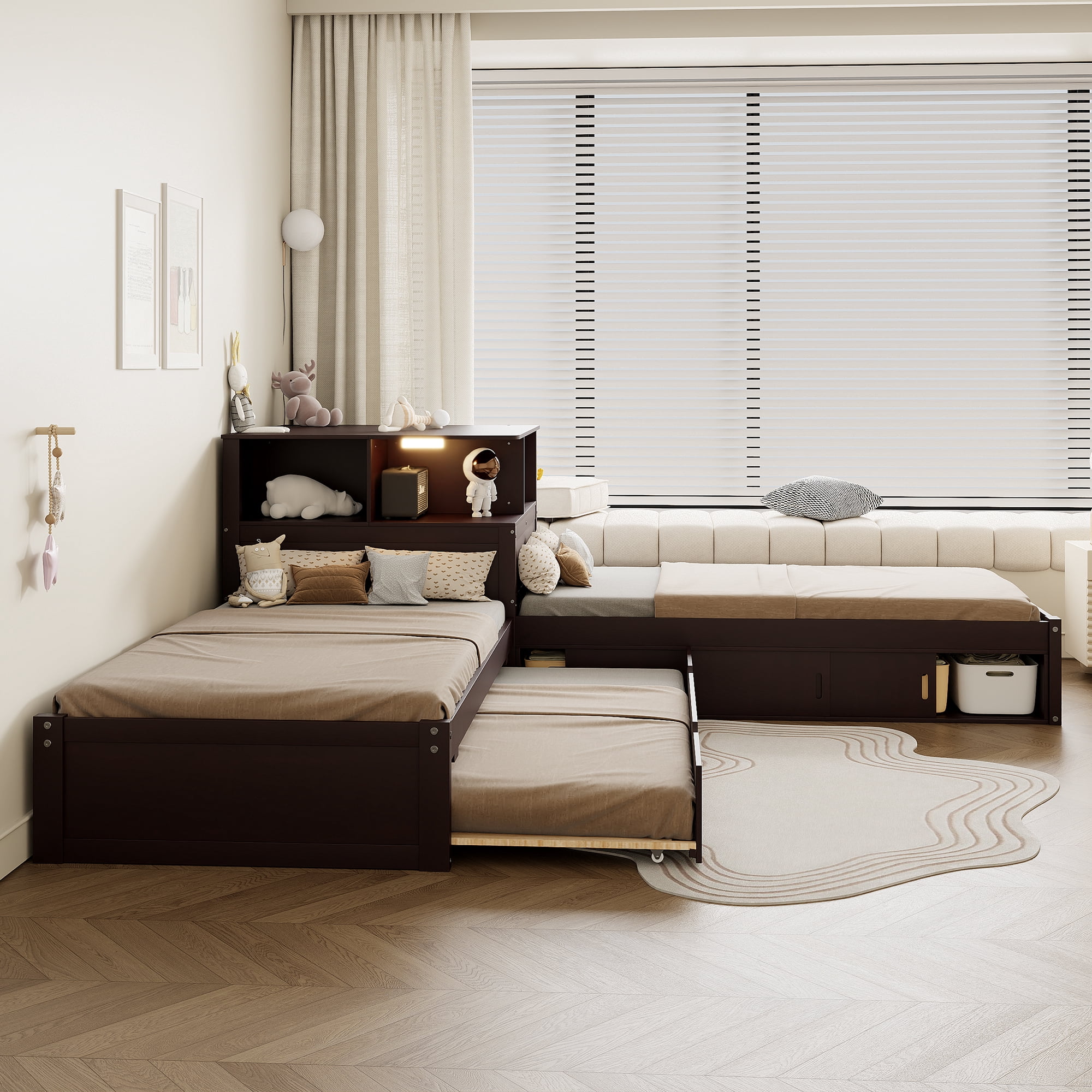 Euroco Wood Twin Size Platform Bed with Desk and cabinets, 3 Beds in 1 L-Shaped Bed with Trundle and Drawers, Espresso