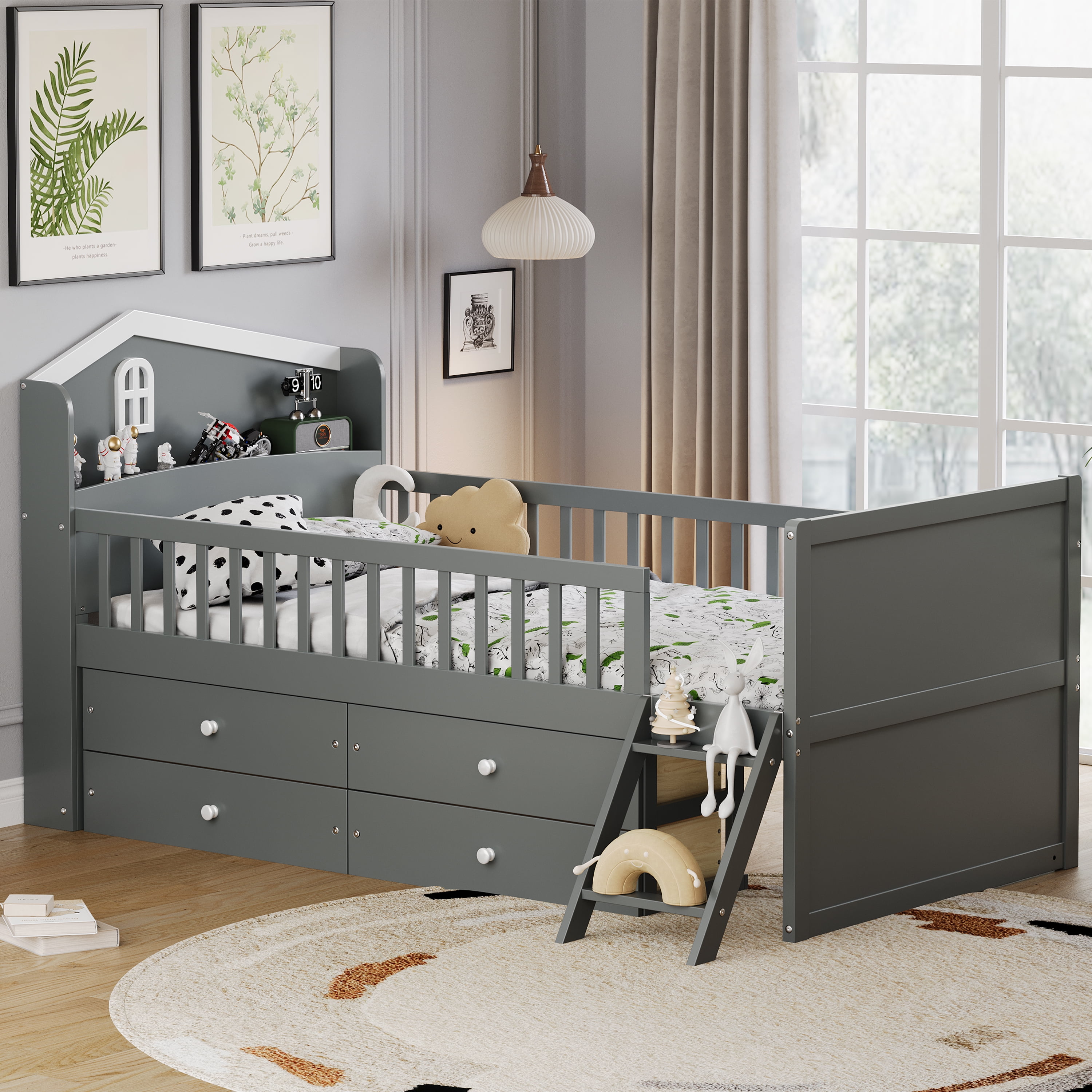 Euroco Wood Twin Size Platform Bed with Drawers, House Bed with Storage and Ladder, Gray