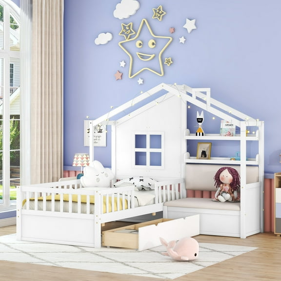 Euroco Wood Twin Size Platform Bed with Drawers, House Bed with Upholstered Bench, White