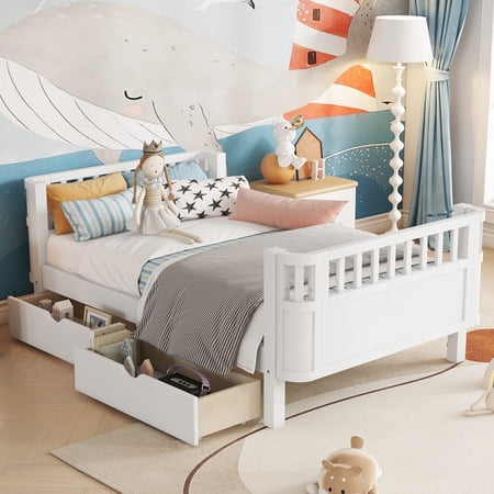 Euroco Wood Twin Size Platform Bed with Drawers, Low Profile Bed with Guardrails, White