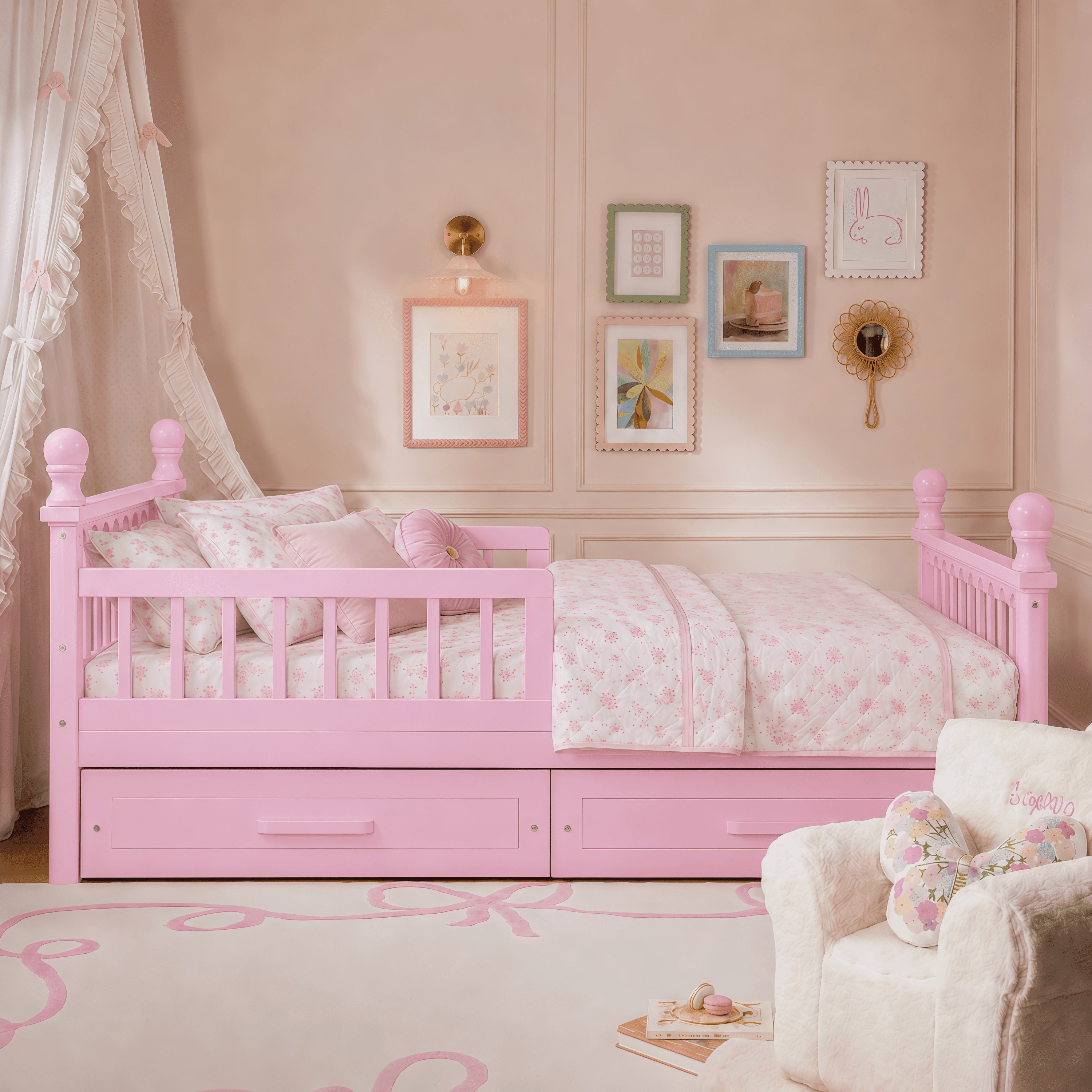 Euroco Wood Twin Size Platform Bed with Drawers, Low Profile Kids Bed with Safety Guardrails, No Box Spring Needed, Pink