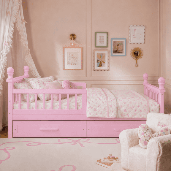 Euroco Wood Twin Size Platform Bed with Drawers, Low Profile Kids Bed with Safety Guardrails, No Box Spring Needed, Pink