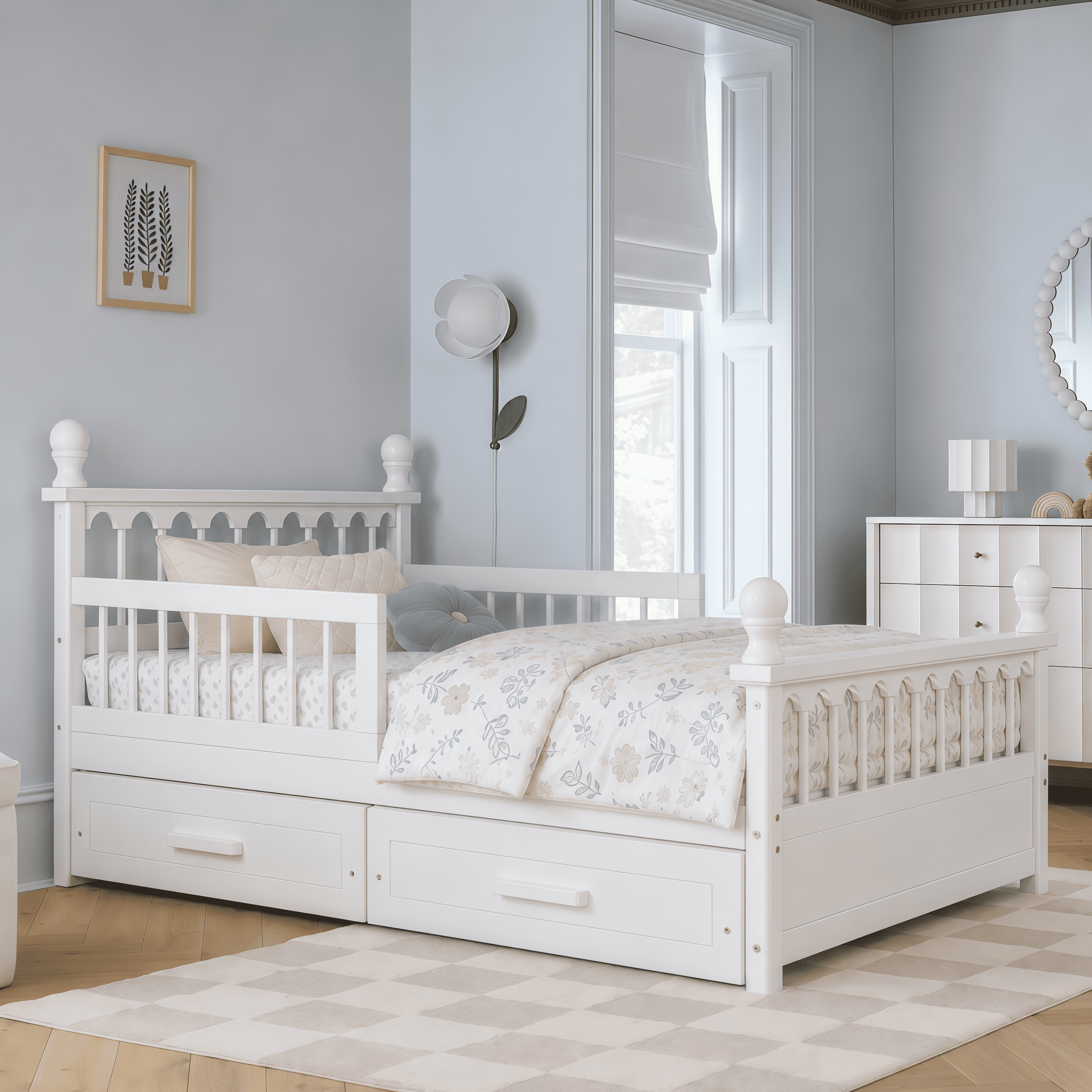 Euroco Wood Twin Size Platform Bed with Drawers, Low Profile Kids Bed with Safety Guardrails, No Box Spring Needed, White