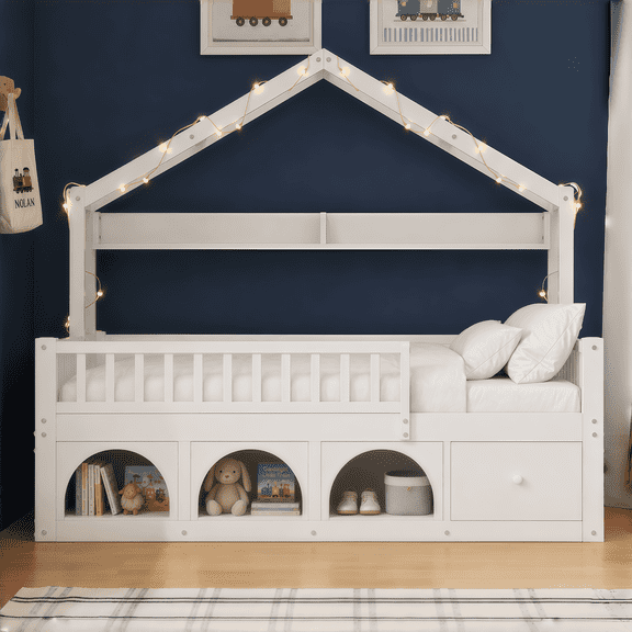 Euroco Wood Twin Size Platform Bed with Drawers and Cabinets, House Bed with LED Light and Bookshelf, White