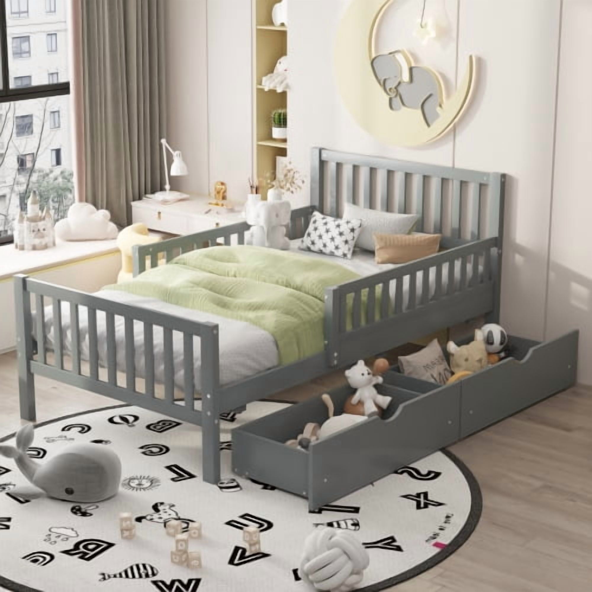 Euroco Wood Twin Size Platform Bed with Guardrails and Drawers for Kids Teens Toddlers, Gray