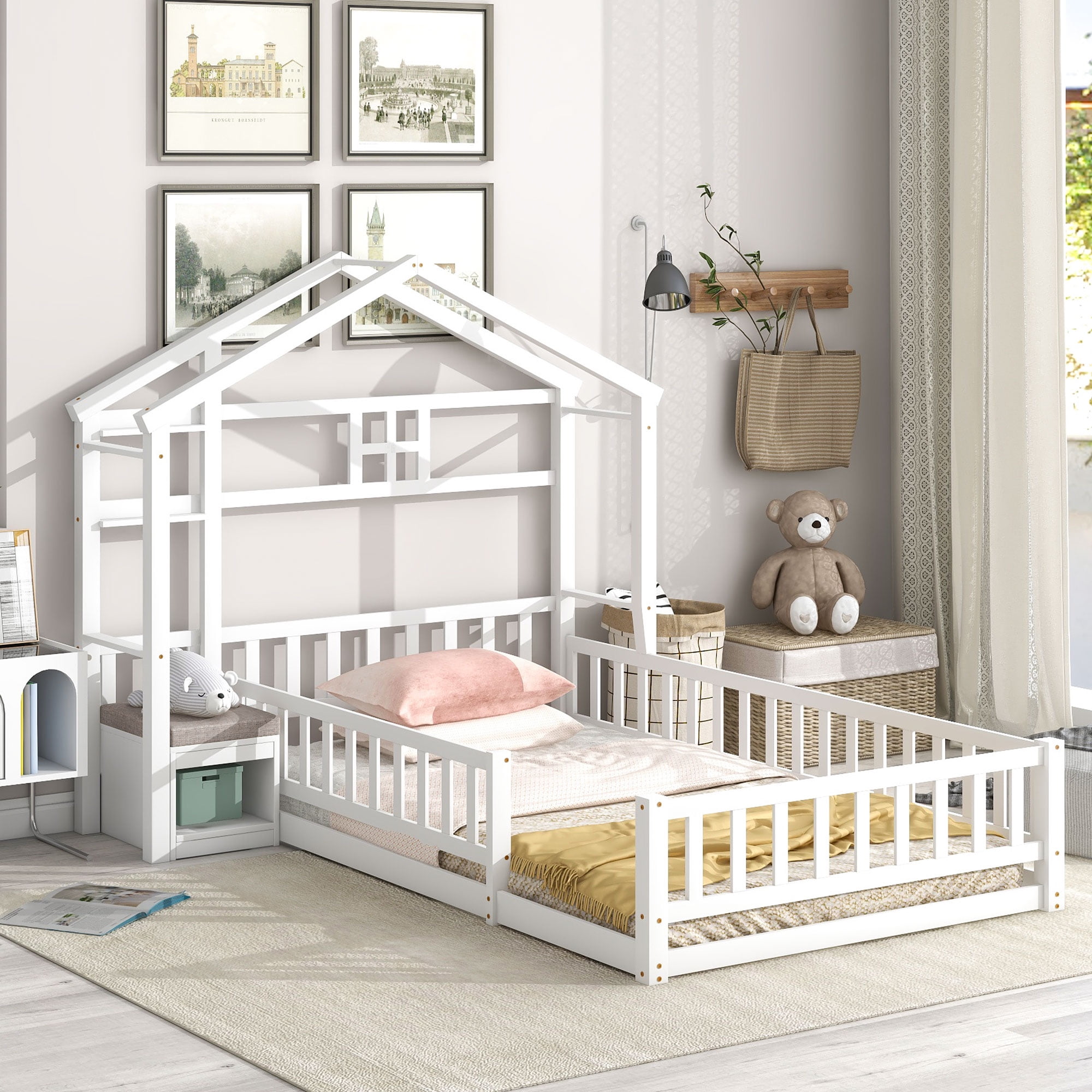 Euroco Wood Twin Size Platform Bed with House Shelf and Cushion Chair for Kids, White