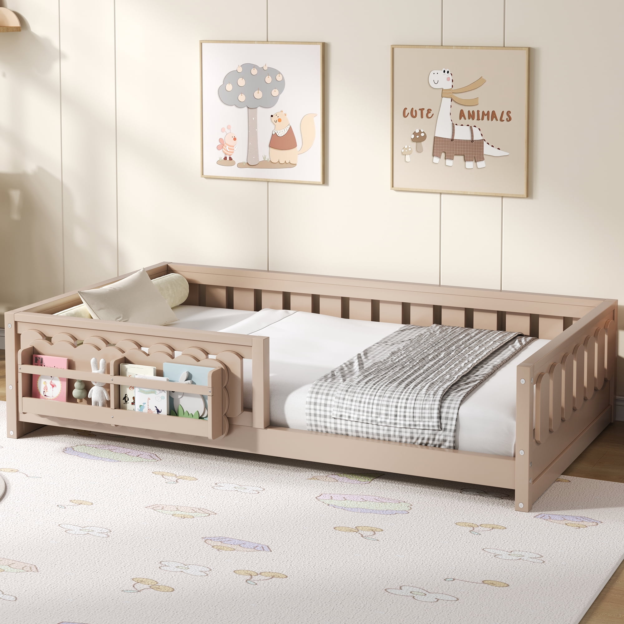Euroco Wood Twin Size Platform Bed with Shelves, Floor Bed with Guardrails, Natural