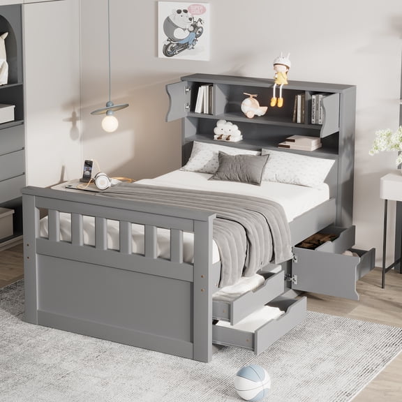 Euroco Wood Twin Size Platform Bed with Storage Headboard, Captain Bed with 4 Drawers, Bookcase and Cabinets, Gray