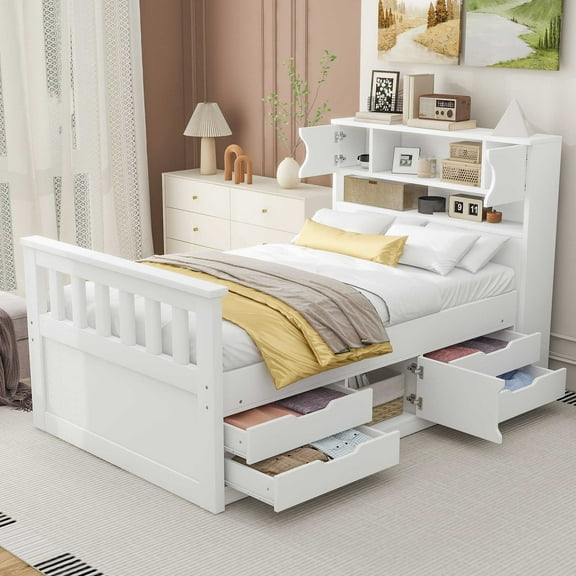 Euroco Wood Twin Size Platform Bed with Storage Headboard, Captain Bed with 4 Drawers, Bookcase and Cabinets for Kids Teens, White