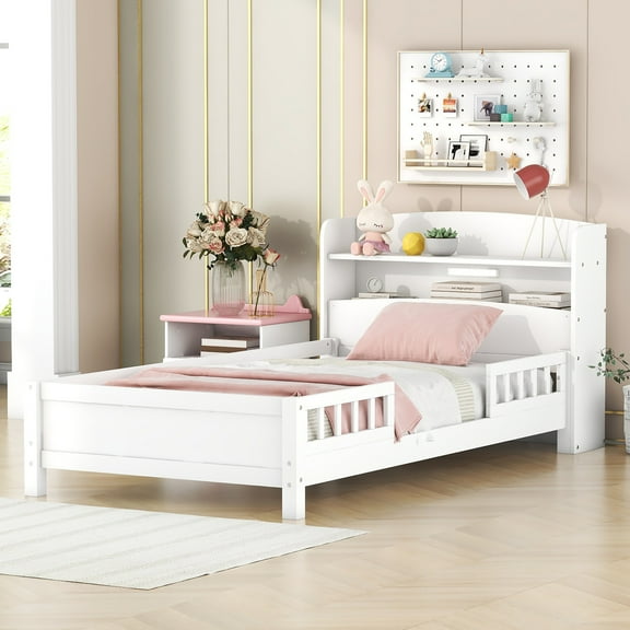 Euroco Wood Twin Size Platform Bed with Storage Headboard, Shelves and LED Light for Kids Teens, White