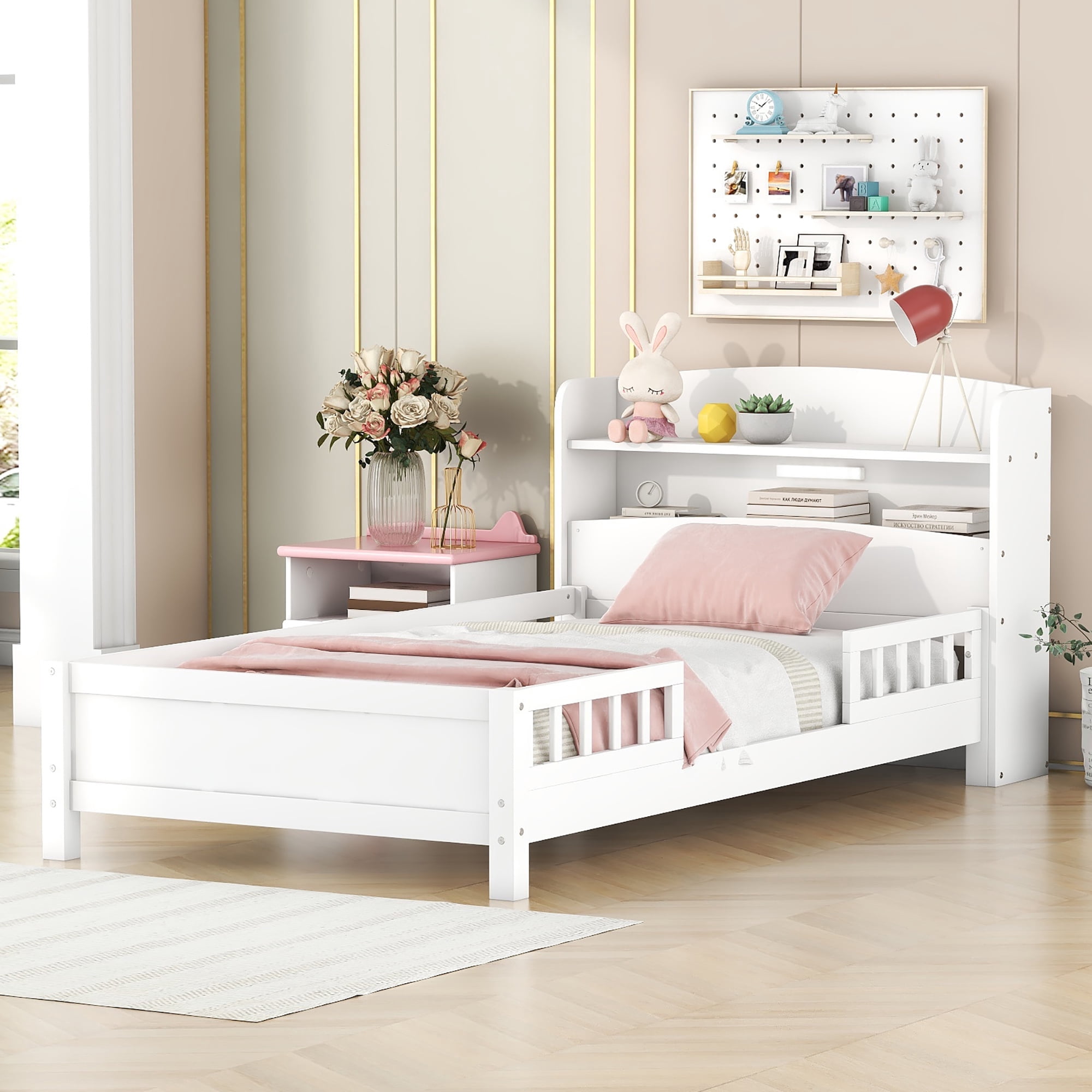 Euroco Wood Twin Size Platform Bed with Storage Headboard, Shelves and LED Light, White