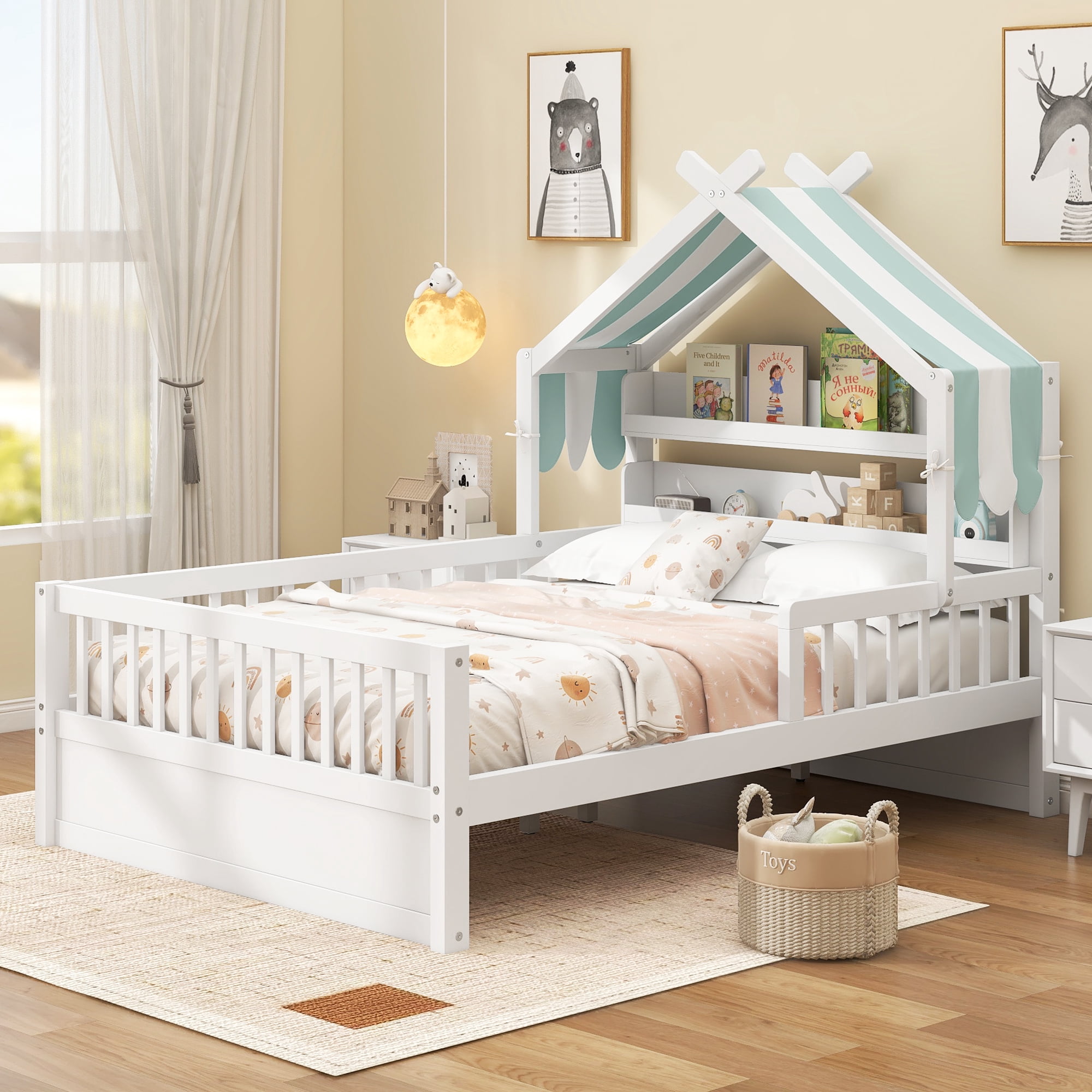 Euroco Wood Twin Size Platform Bed with Storage Headboard and Canopy, White