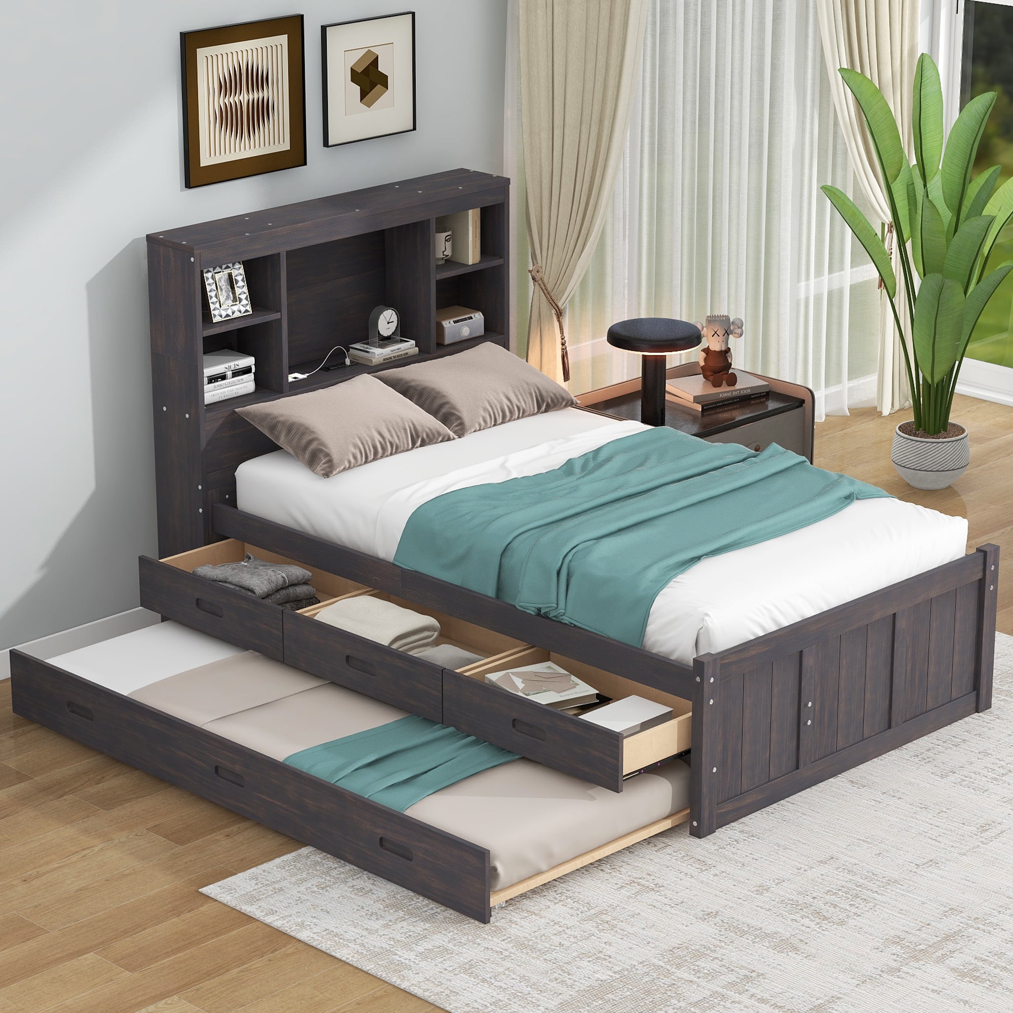 Euroco Wood Twin Size Bookshelf Frame Bed with Storage, Trundle, &amp; 3 ...