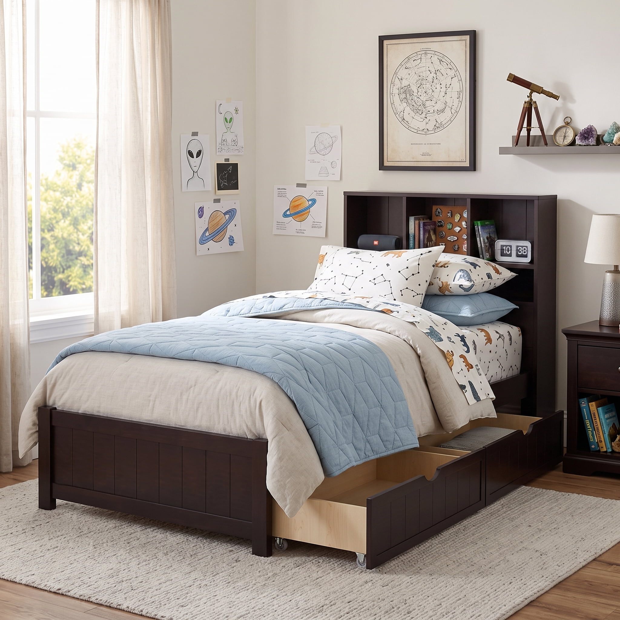 Euroco Wood Twin Size Platform Bed with Storage Headboard and Drawers, LED Light and USB Charging, Espresso