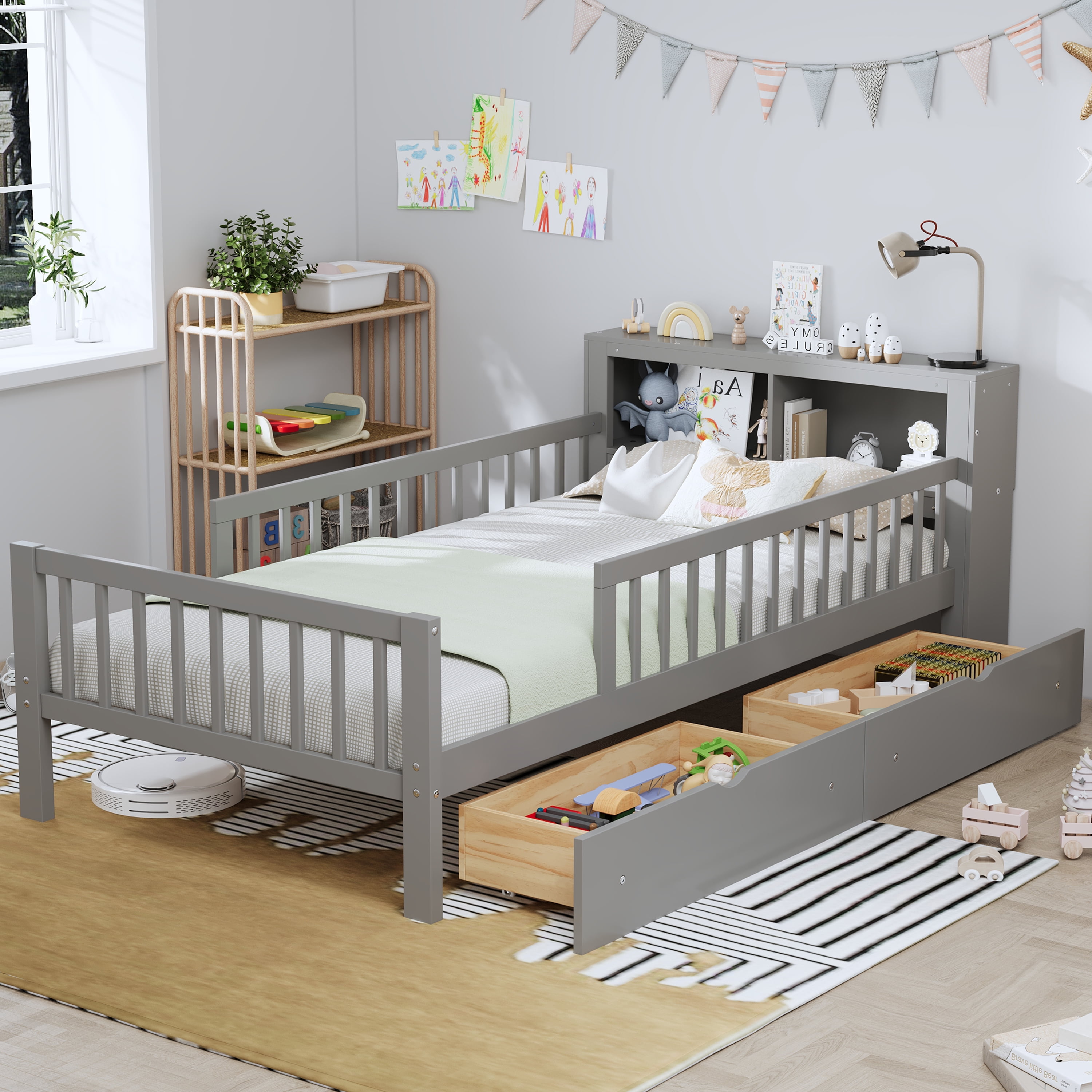 Euroco Wood Twin Size Platform Bed with Storage Headboard and Drawers, Low Profile Bed with Guardrails for Kids and Toddlers, Gray