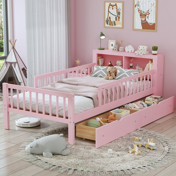 Euroco Wood Twin Size Platform Bed with Storage Headboard and Drawers, Low Profile Bed with Guardrails for Kids and Toddlers, Pink
