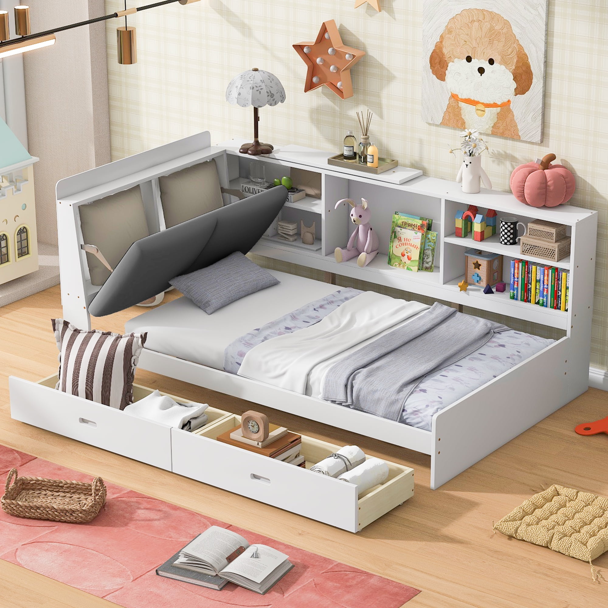 Euroco Wood Twin Size Platform Bed with Storage Headboard and Shelves, 2 Drawers Floor Bed for Kids, White