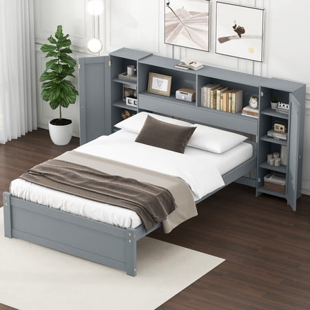 Euroco Wood Twin Size Platform Bed with Storage Headboard and Shelves for Kids Teens Living Room, Gray