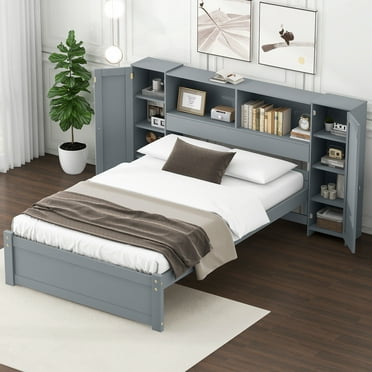 Euroco Wood Twin Size Platform Bed with Storage Headboard and Shelves for Living Room, Gray