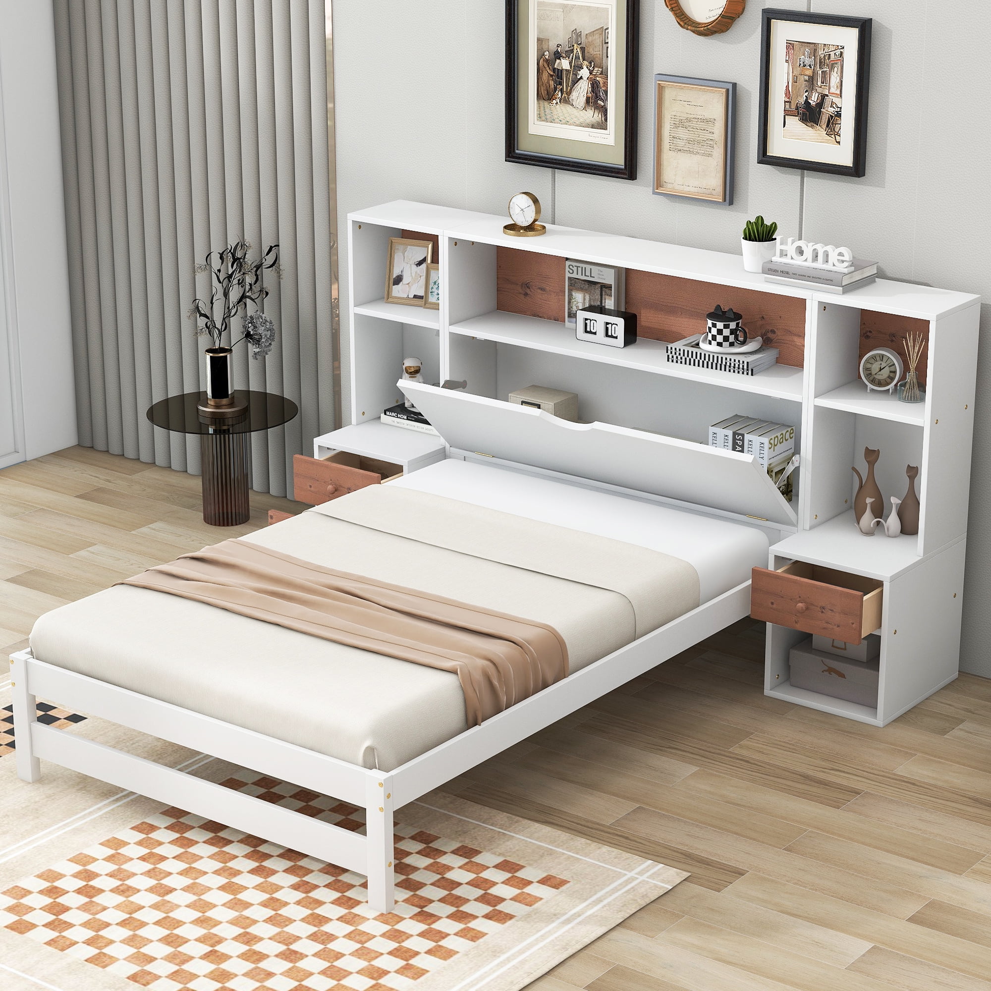 Euroco Wood Twin Size Platform Bed with Storage Shelf, Cabinet and ...