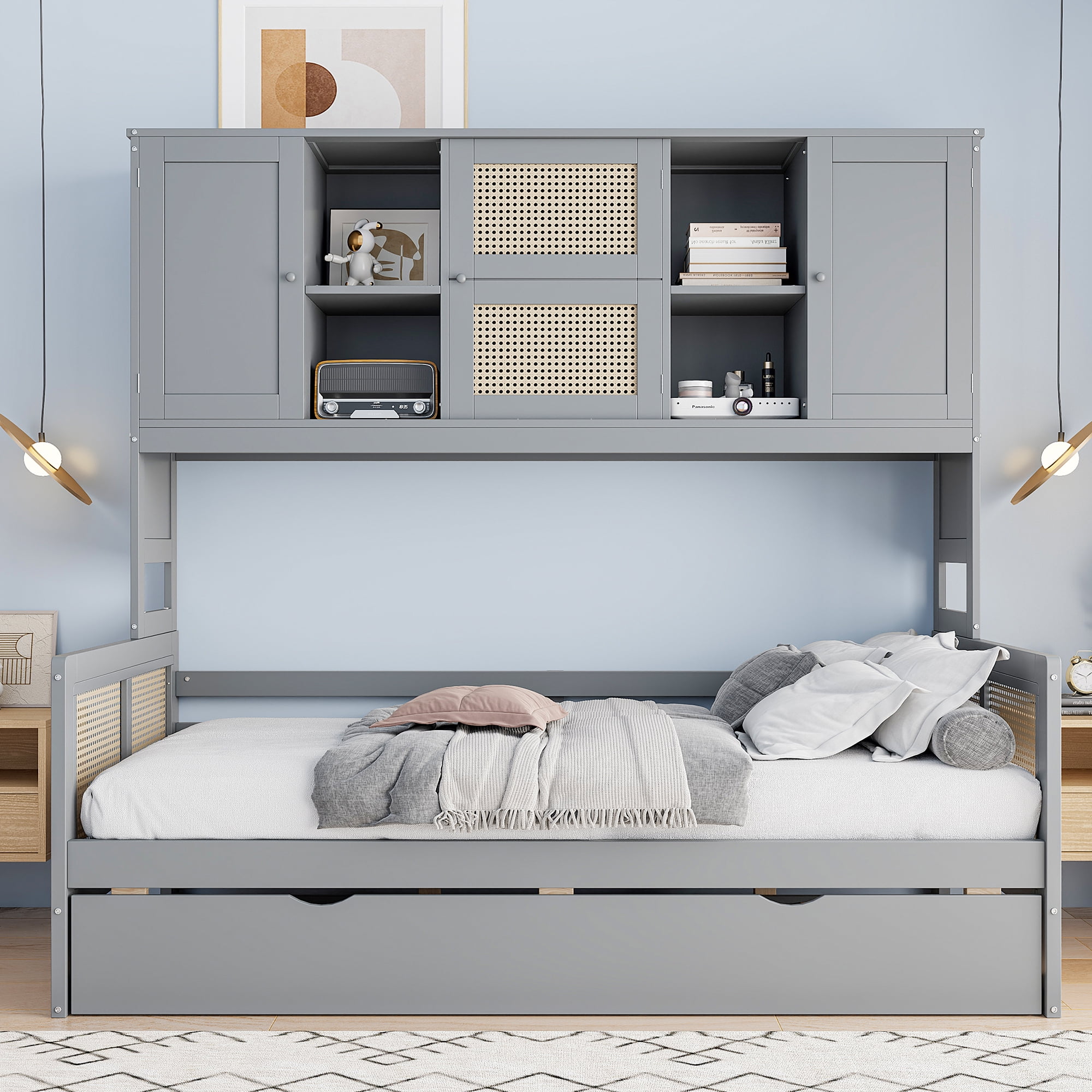 Euroco Wood Twin Size Platform Bed with Trundle, Captain Bed with Cabinets and Shelves, Gray