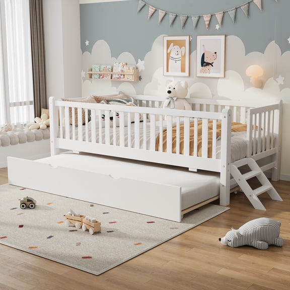 Euroco Wood Twin Size Platform Bed with Trundle, Guardrail Bed for Kids Teens Toddler, White