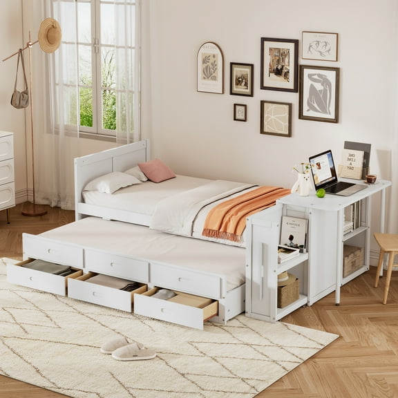 Euroco Wood Twin Size Platform Bed with Trundle and Drawers, Multifunctional Desk and Shelves, White