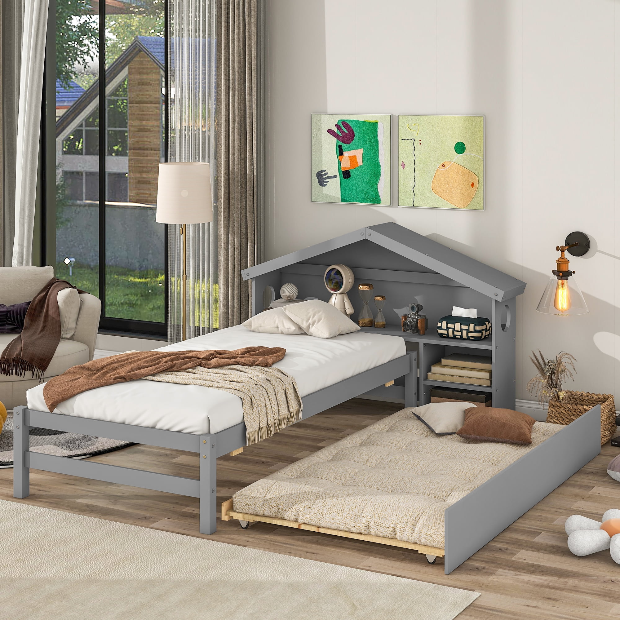 Euroco Wood Twin Size Platform Bed with Trundle and House Shelf for Kids, Grey